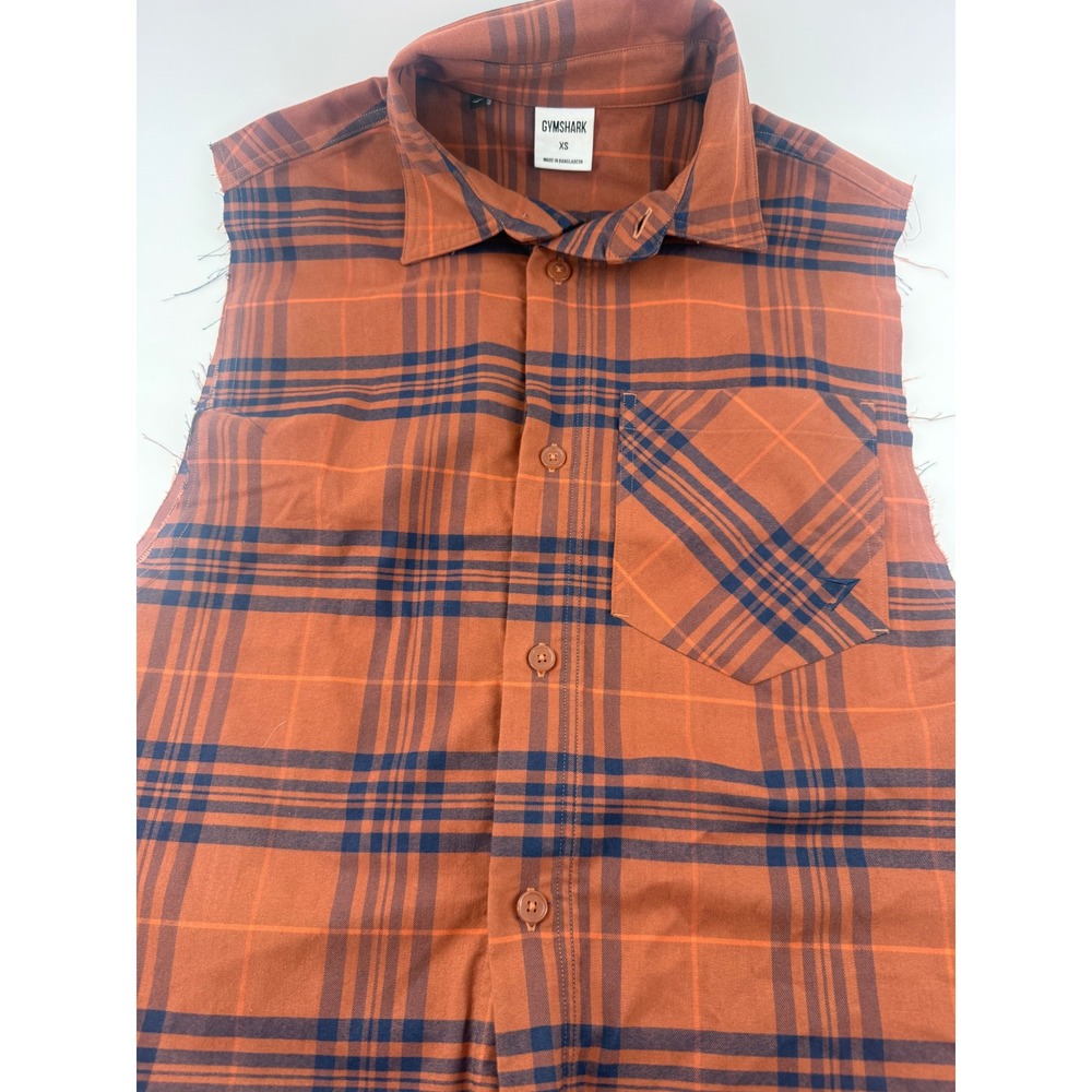 Gymshark Mens XS Sleeveless Plaid Flannel Shirt Orange Navy Frayed Raw Hem A5A4X